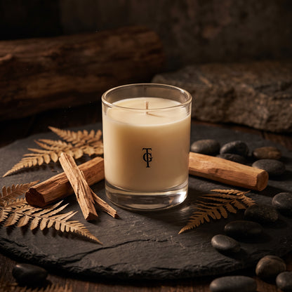 A clear glass jar candle filled with creamy off-white wax sits on a dark stone surface surrounded by dried ferns, cinnamon sticks, and dark stones. The glass has a black monogram logo near the bottom.