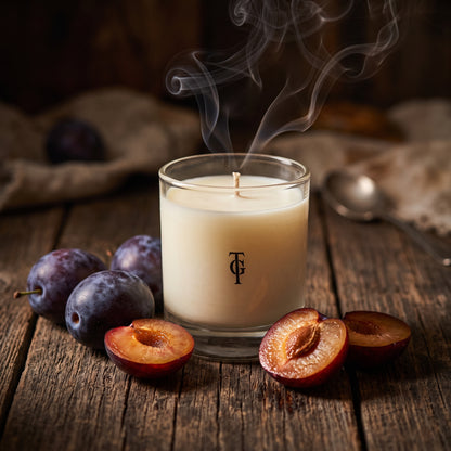 A lit cream-colored candle in a clear glass jar sits on a rustic wooden table, surrounded by fresh plums and halved plums, with visible steam rising from the candle. The candle features a black monogram logo on the front.