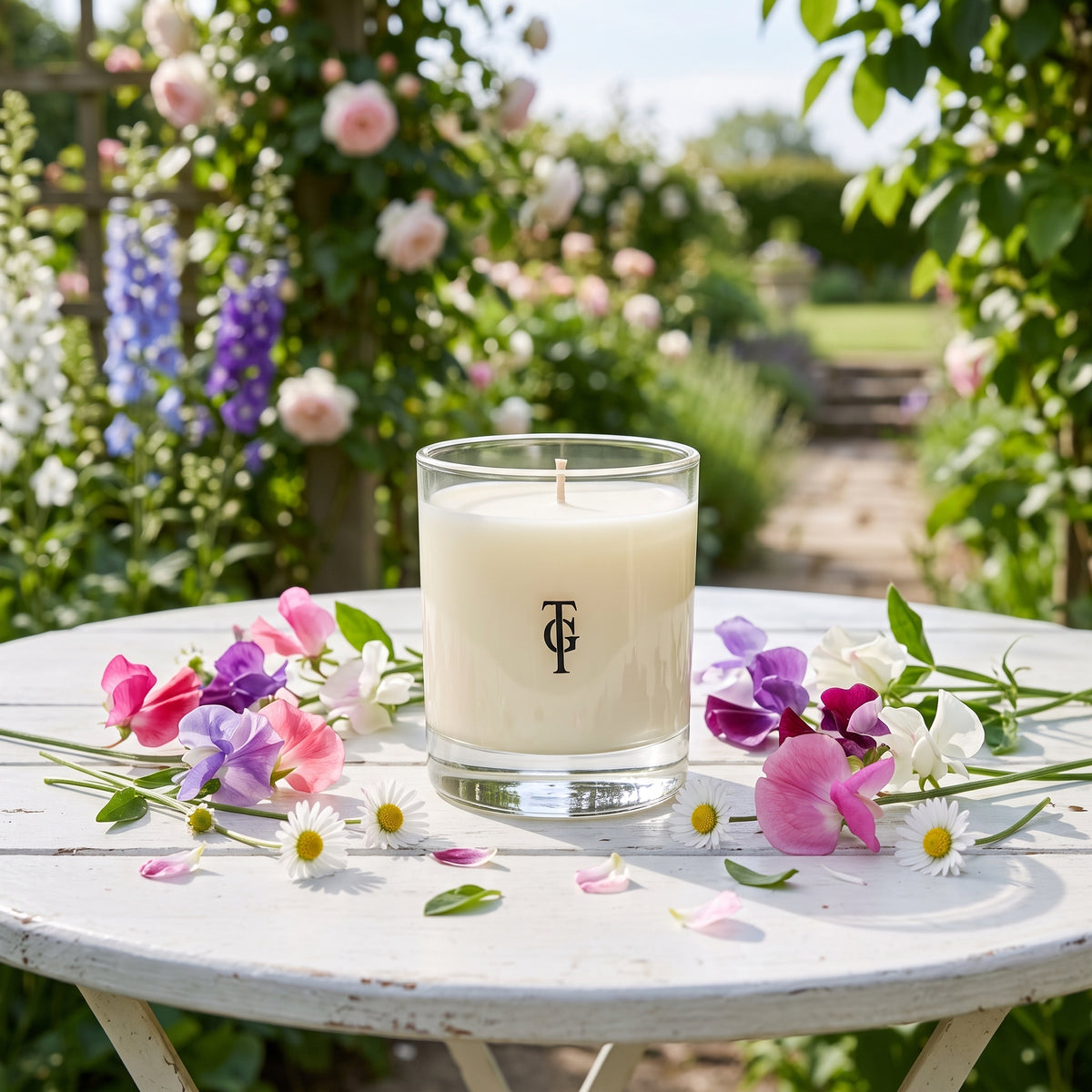 A clear glass jar candle with white wax sits on a white round table outdoors, surrounded by pink, purple, and white flowers. The background is a softly blurred garden path and greenery.