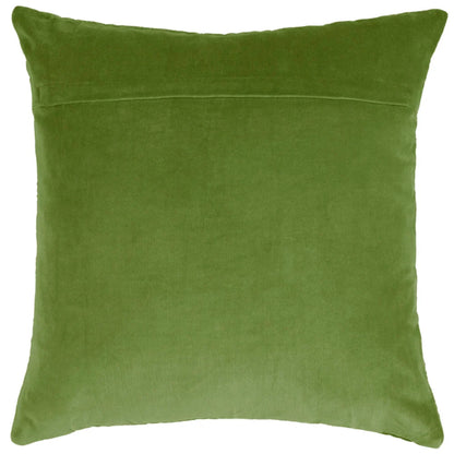 A square green velvet throw pillow shown against a plain white background.