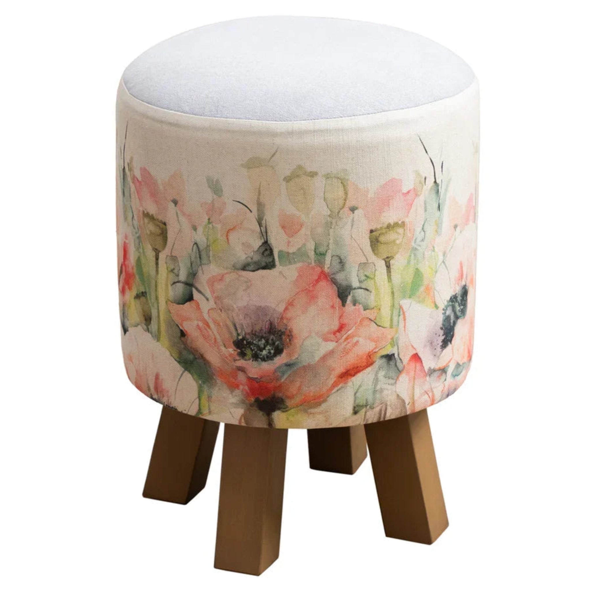 A round upholstered stool with a light gray cushioned top and three wooden legs. The fabric wrap features a watercolor-style floral print with pink, coral, and green poppies on a cream background.