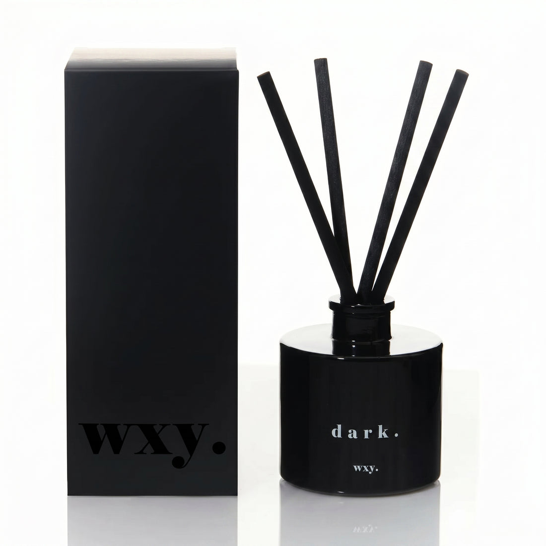Black diffuser with sticks and packaging labeled &