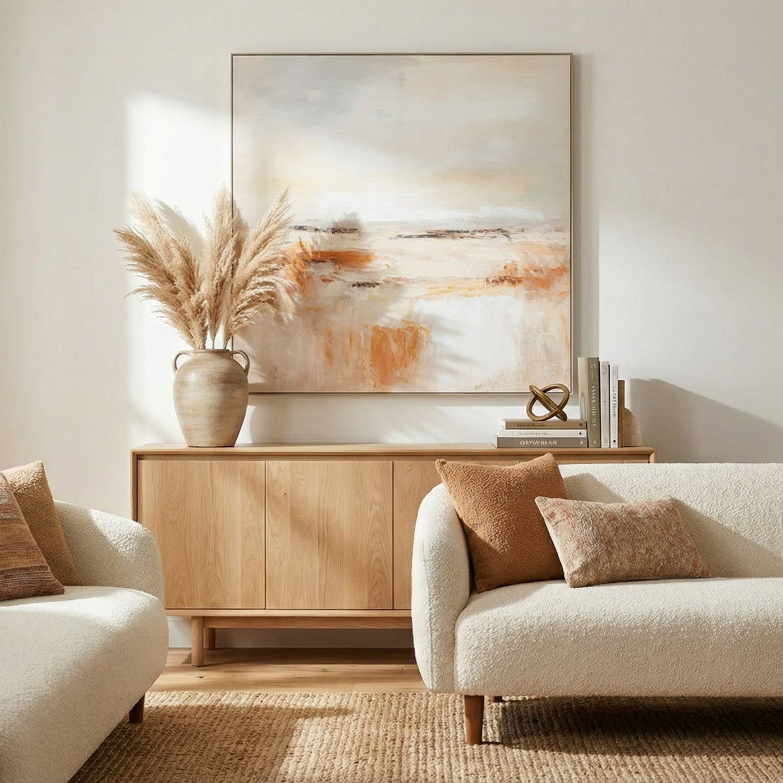 Modern living room with beige sofas, a wooden cabinet, and abstract art on the wall.