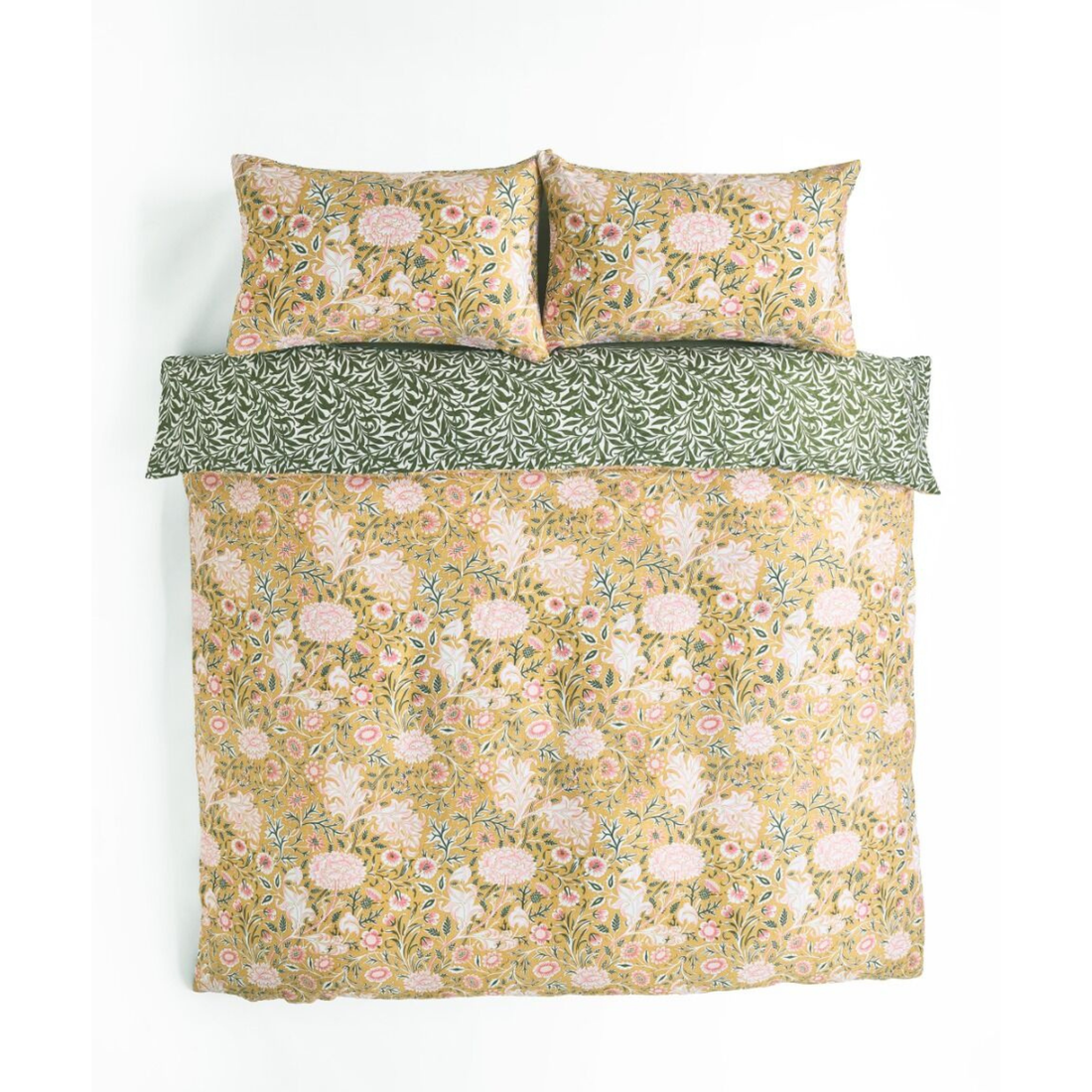 Floral patterned bedding set with green border on a white background