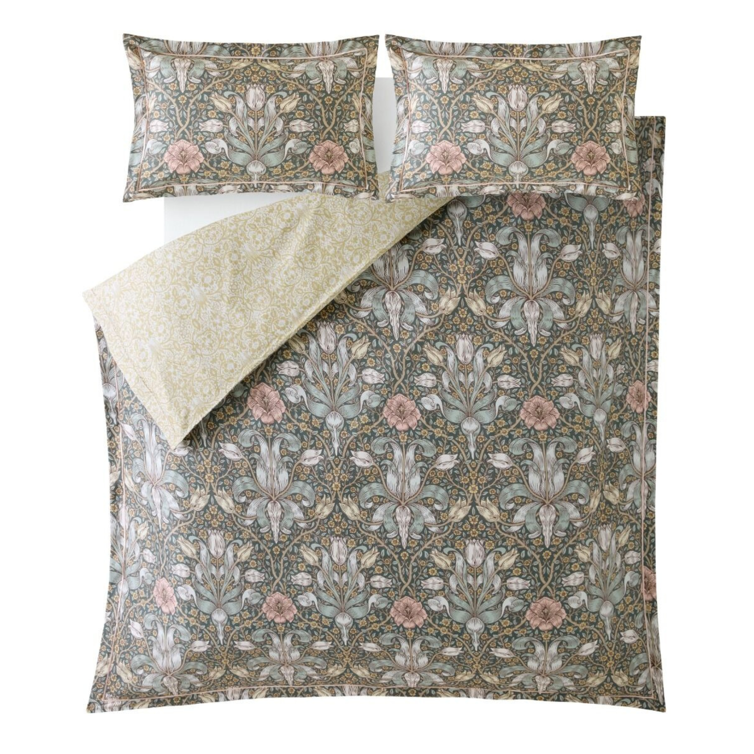 Floral patterned bedding set with matching pillowcases on a white background