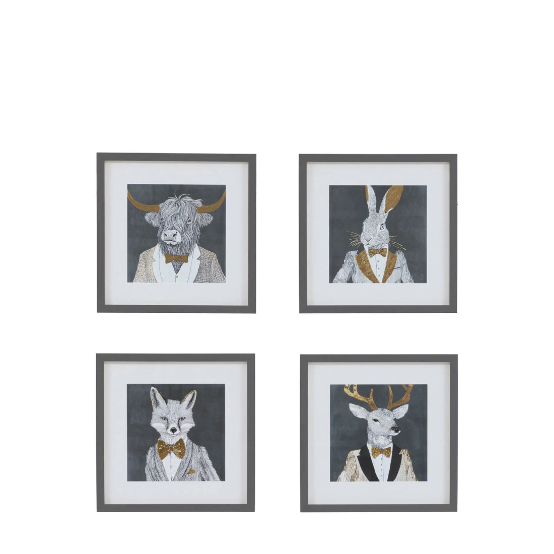 Set of four framed animal portraits with suits on a white background