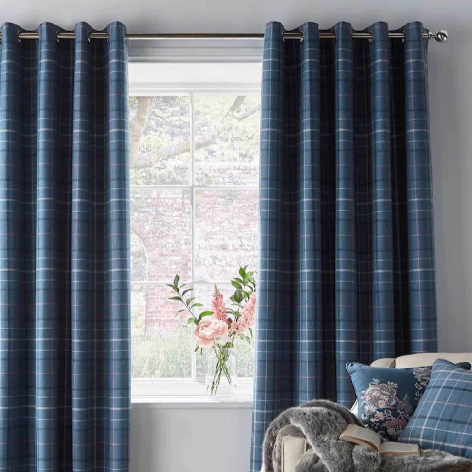 Laura Ashley Alfriston Check Blackout Curtains Dark Seaspray - Packing Opened