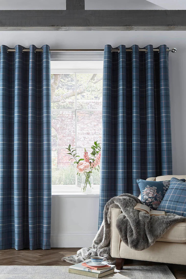 Laura Ashley Alfriston Check Blackout Curtains Dark Seaspray - Packing Opened