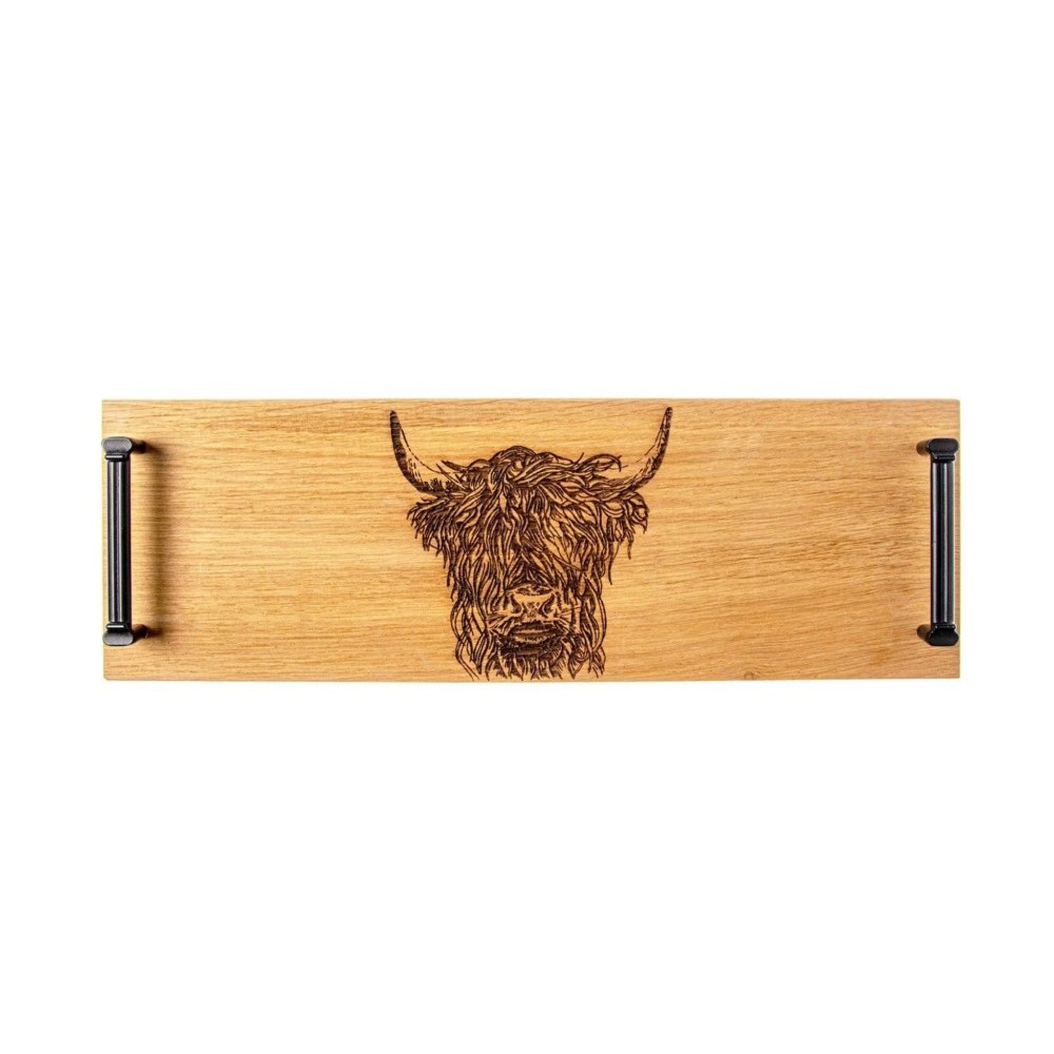 Selbrae House Highland Cow Oak Tray Black Steel Handles