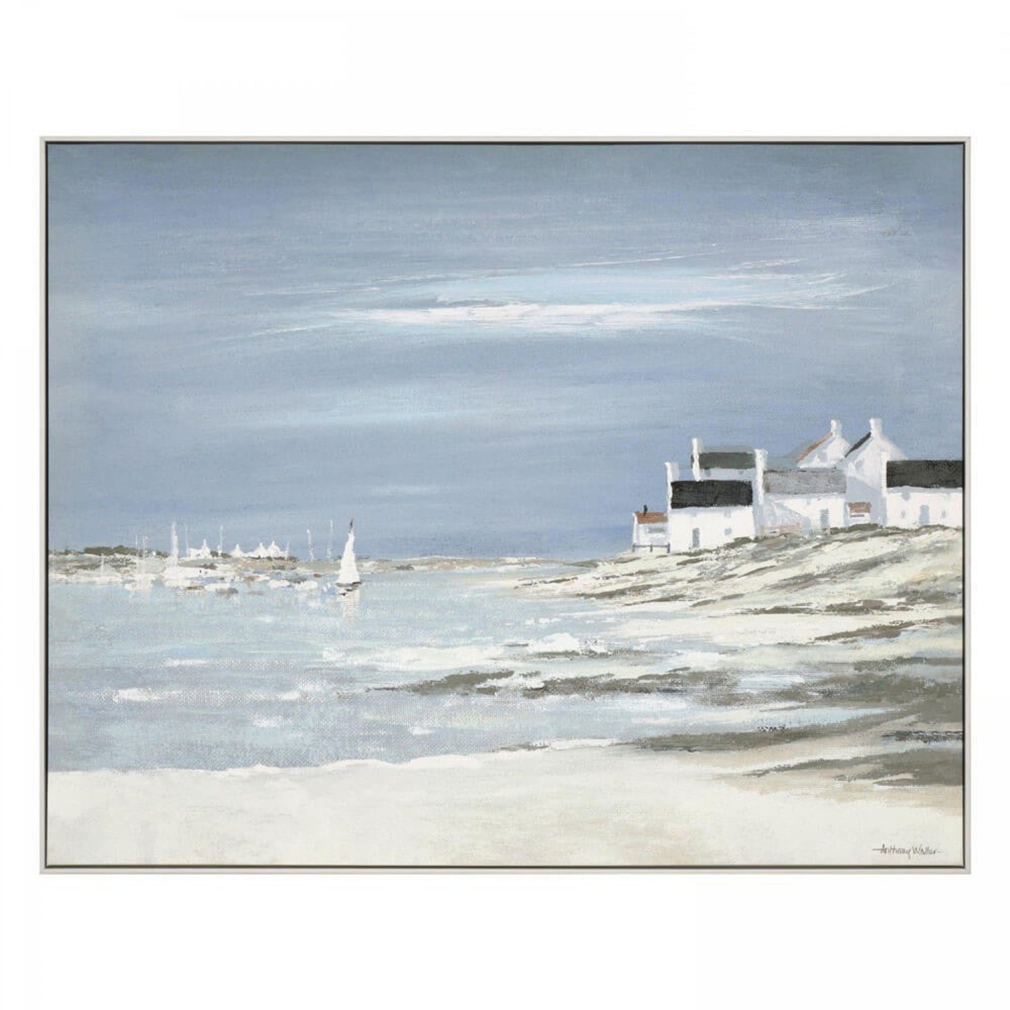 Framed artwork of a coastal scene with houses and boats on a blue sky background.
