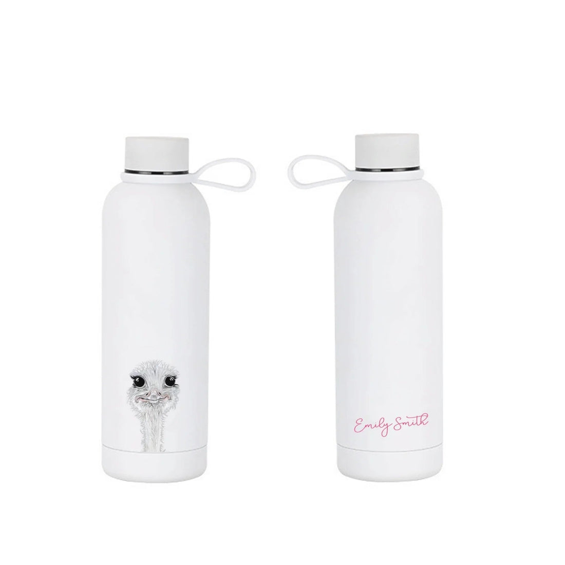 Emily Smith Water Bottle Camilla on white background with pink text Emily Smith
