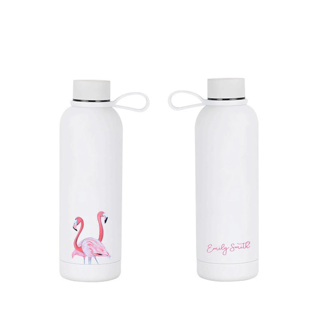 Two white water bottles with flamingo design and &
