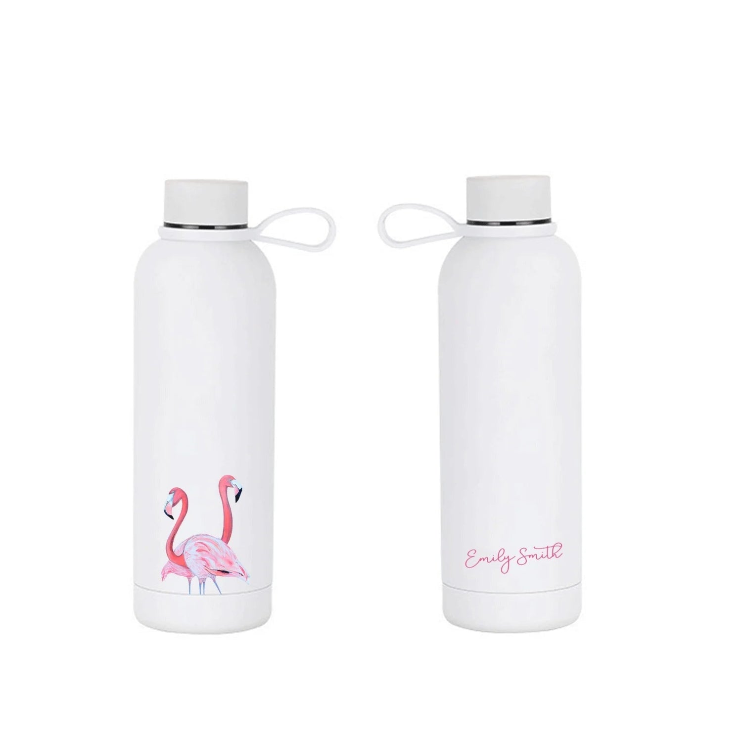 Two white water bottles with flamingo design and &