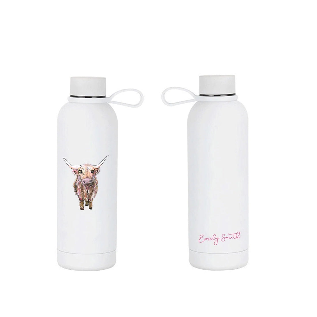 Two white water bottles with a highland cow design and Emily Smith name in pink on a white background