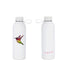 Two white water bottles with a hummingbird design and text on a white background