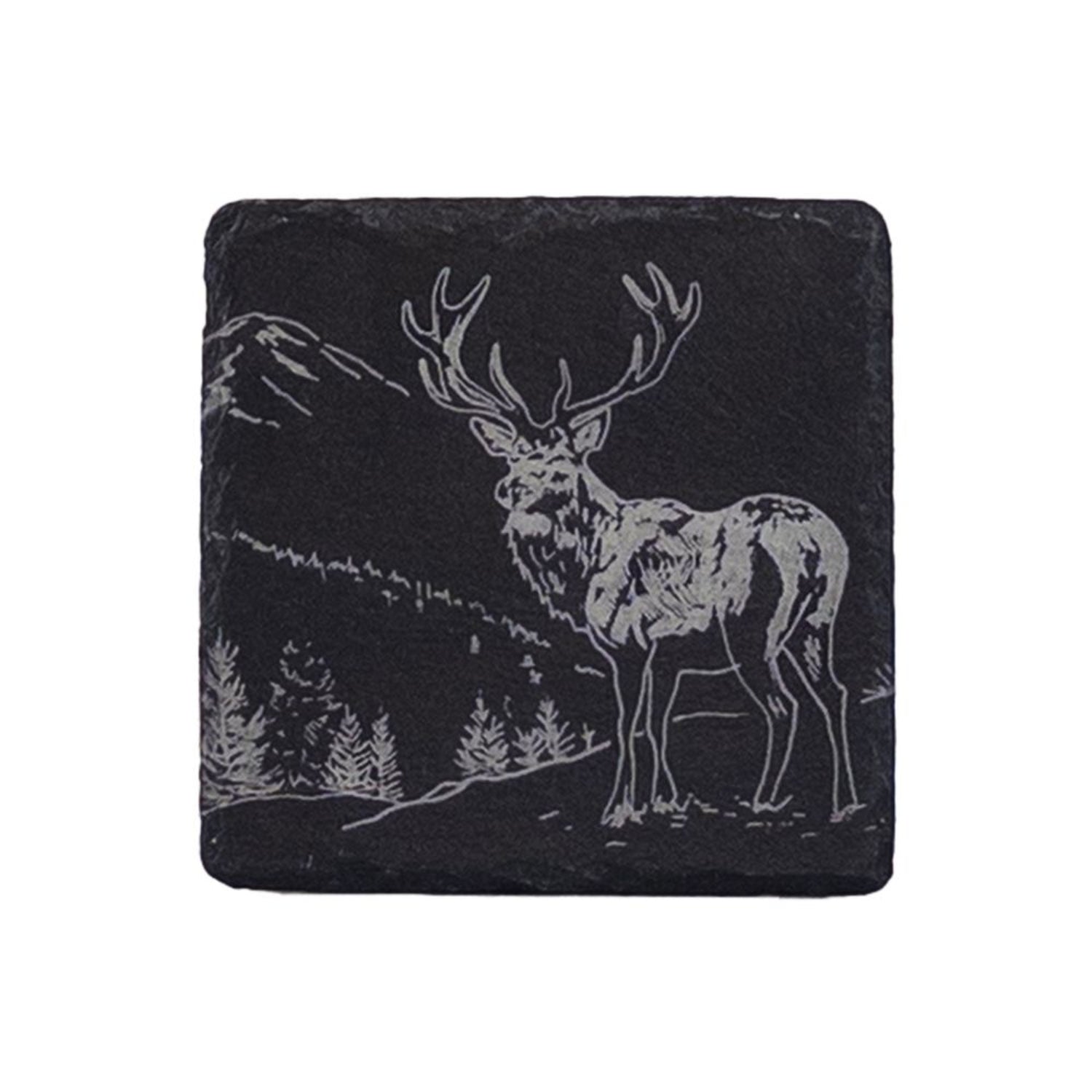 slate coaster with engraved stag design on a slate grey background