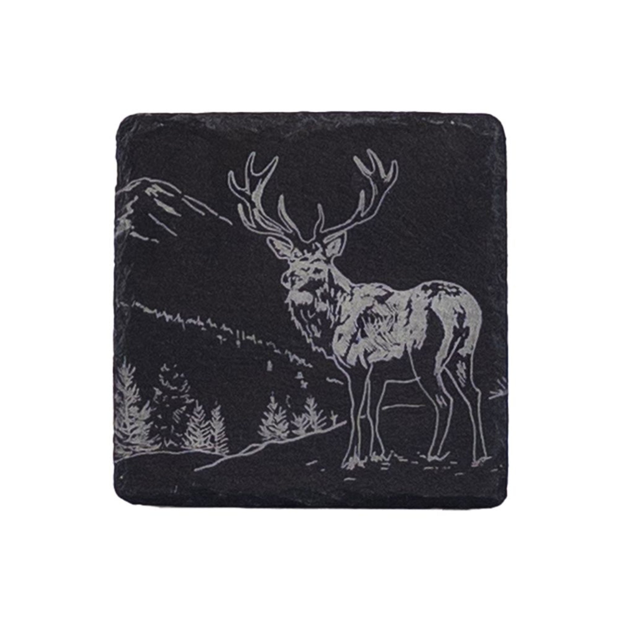 slate coaster with engraved stag design on a slate grey background
