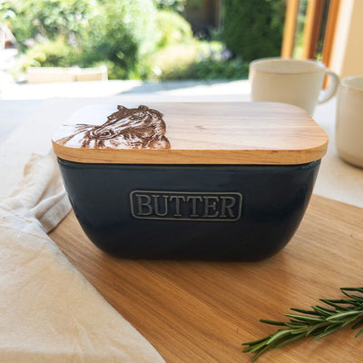 Just Slate Company Horse Oak and Ceramic Butter Dish - Blue