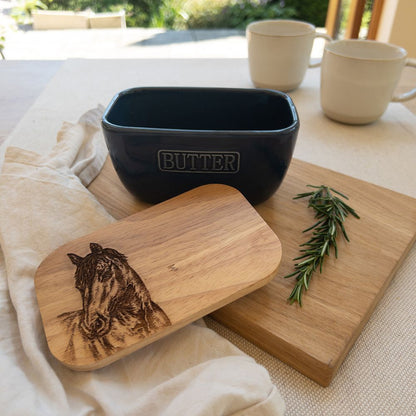 Selbrae House Horse Oak and Ceramic Butter Dish - Blue