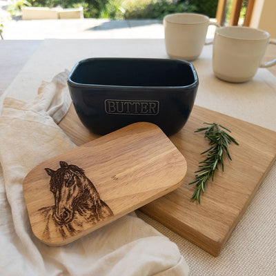 Just Slate Company Horse Oak and Ceramic Butter Dish - Blue