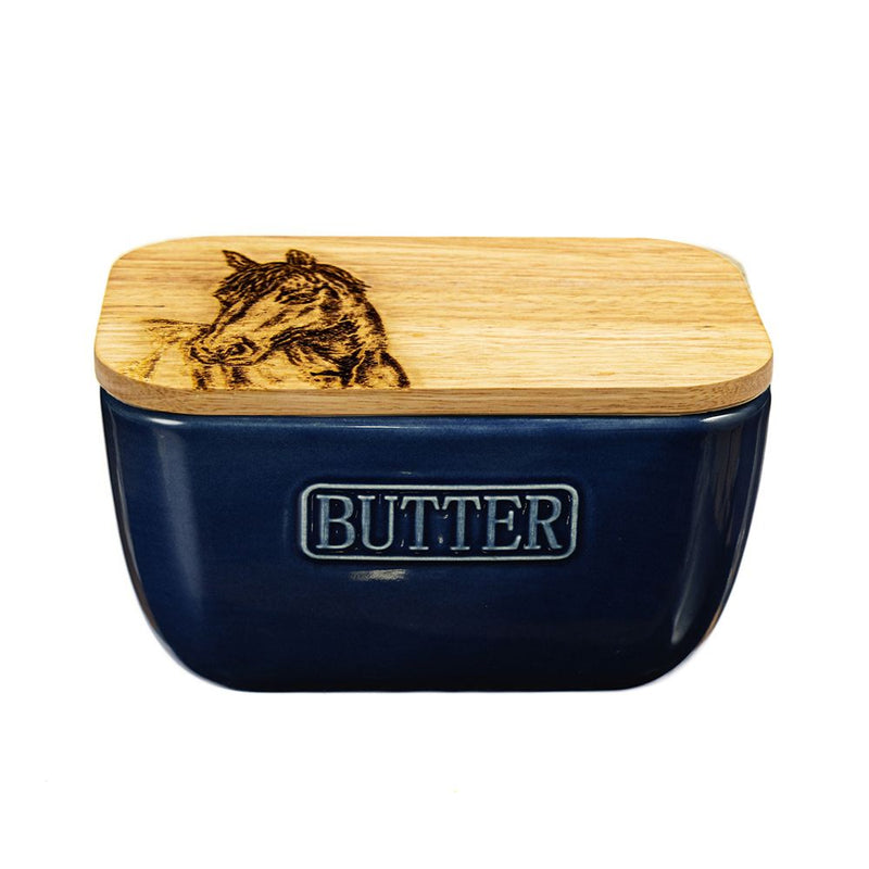 Just Slate Company Horse Oak and Ceramic Butter Dish - Blue