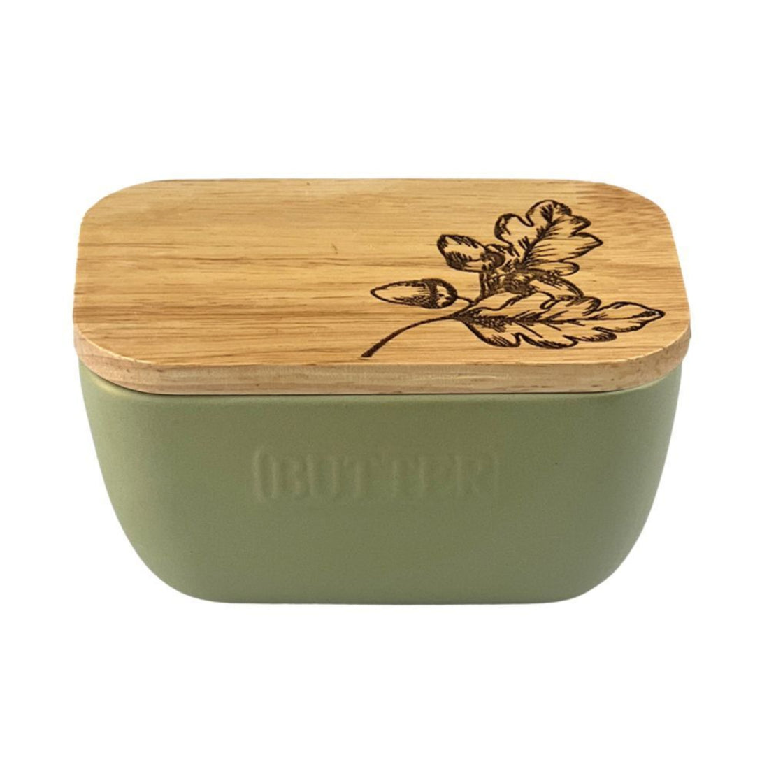 Green container with a wooden lid featuring a acorn design on a oak lid