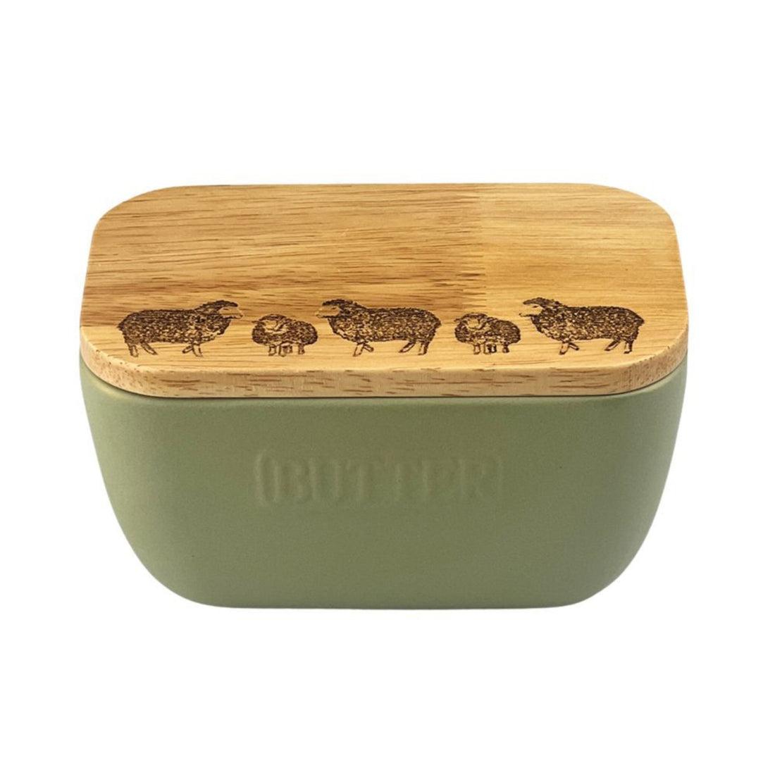 Green butter dish with wooden lid featuring engraved illustrations of sheep on a wooden lid