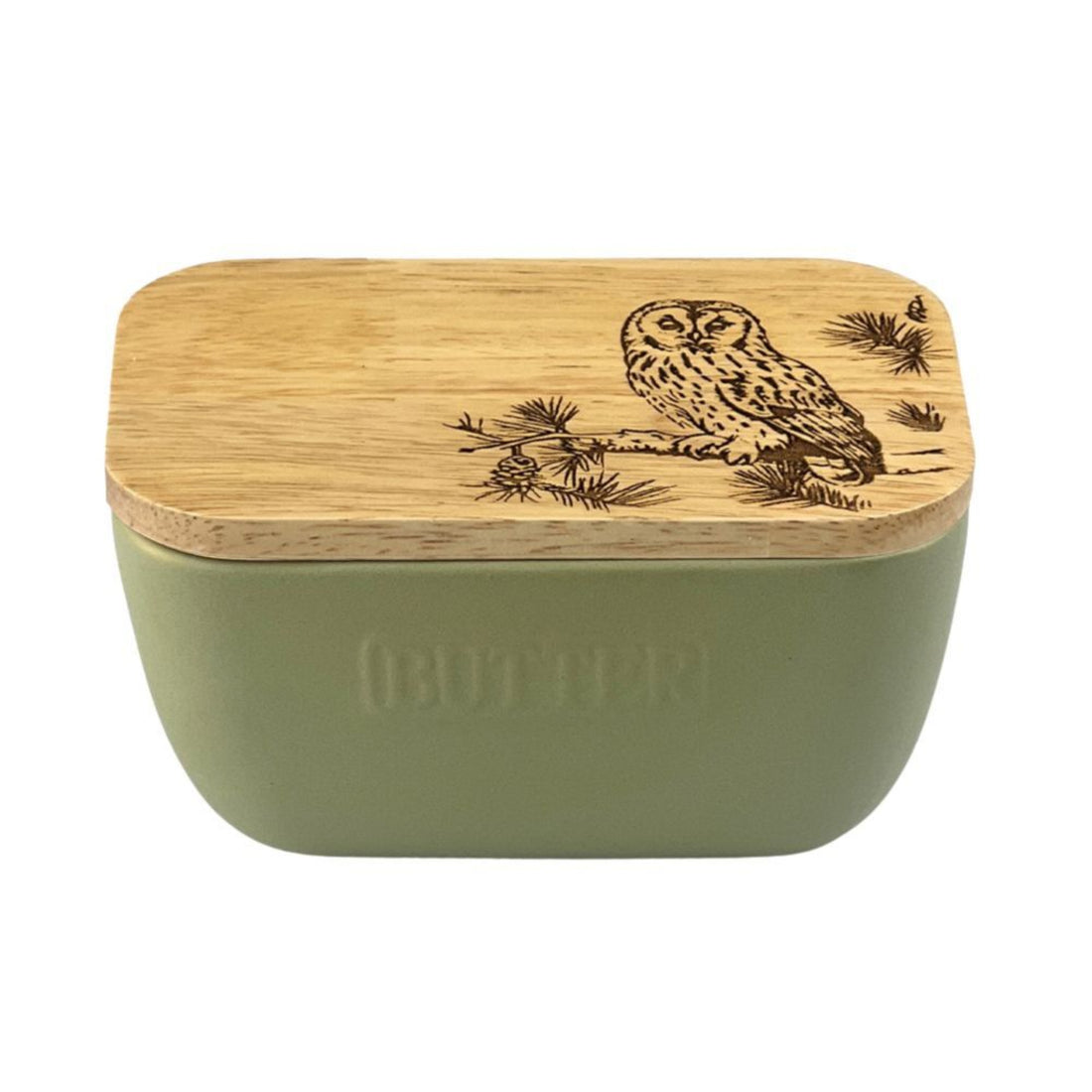 Green butter dish with wooden lid featuring an owl design on a oak lid