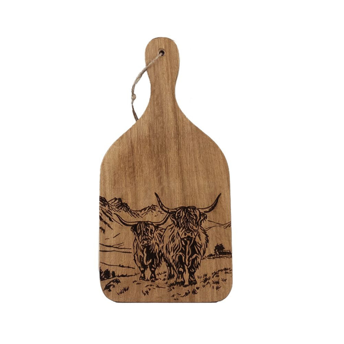 Wooden cutting board with engraved image of two highland cows on a white background