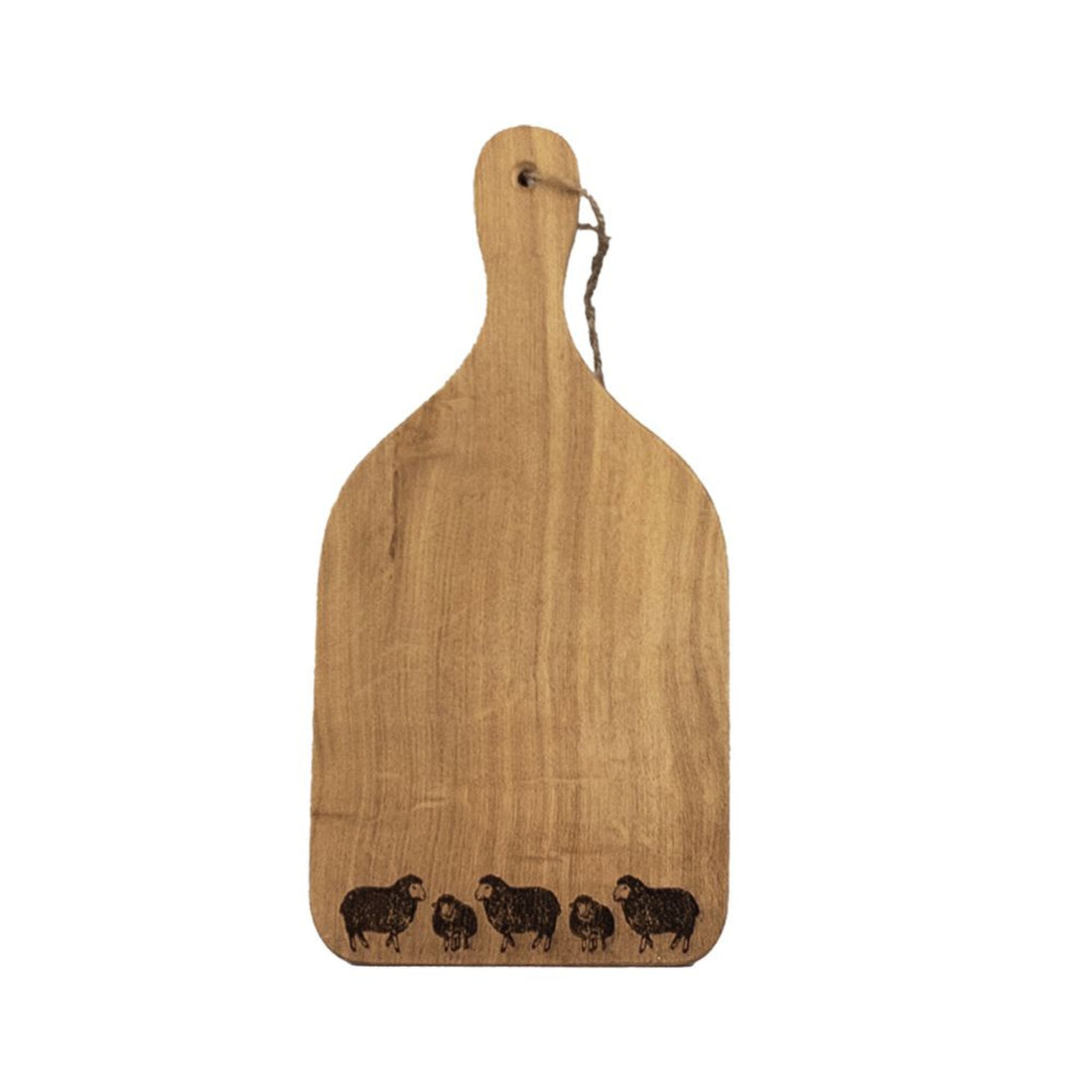 Wooden cutting board with engraved sheep design on a oak background