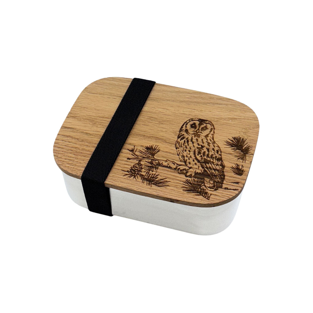 Wooden lunch box with owl design and black strap on a white background
