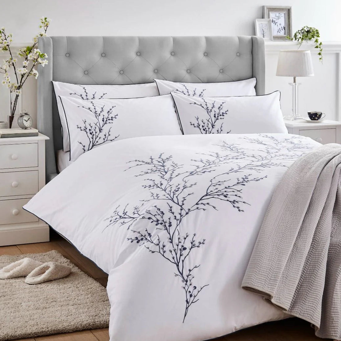 Laura Ashley Pussy Willow Sprig Embroidered Midnight Duvet Cover Set