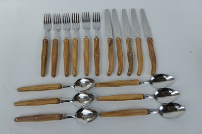 Laguiole Cutlery Set, Olive Wood 18 Piece/6 Place Settings  one knife missing
