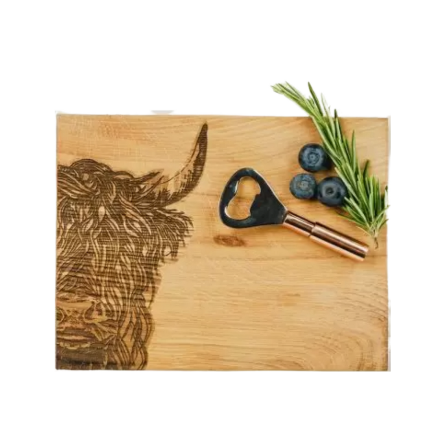 Selbrae House Highland Cow Oak Cutting Board &amp; Bottle Opener Set