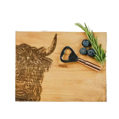 Just Slate Company Highland Cow Oak Cutting Board & Bottle Opener Set