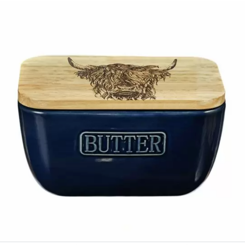 Just Slate Company Highland Cow Oak and Ceramic Butter Dish - Blue