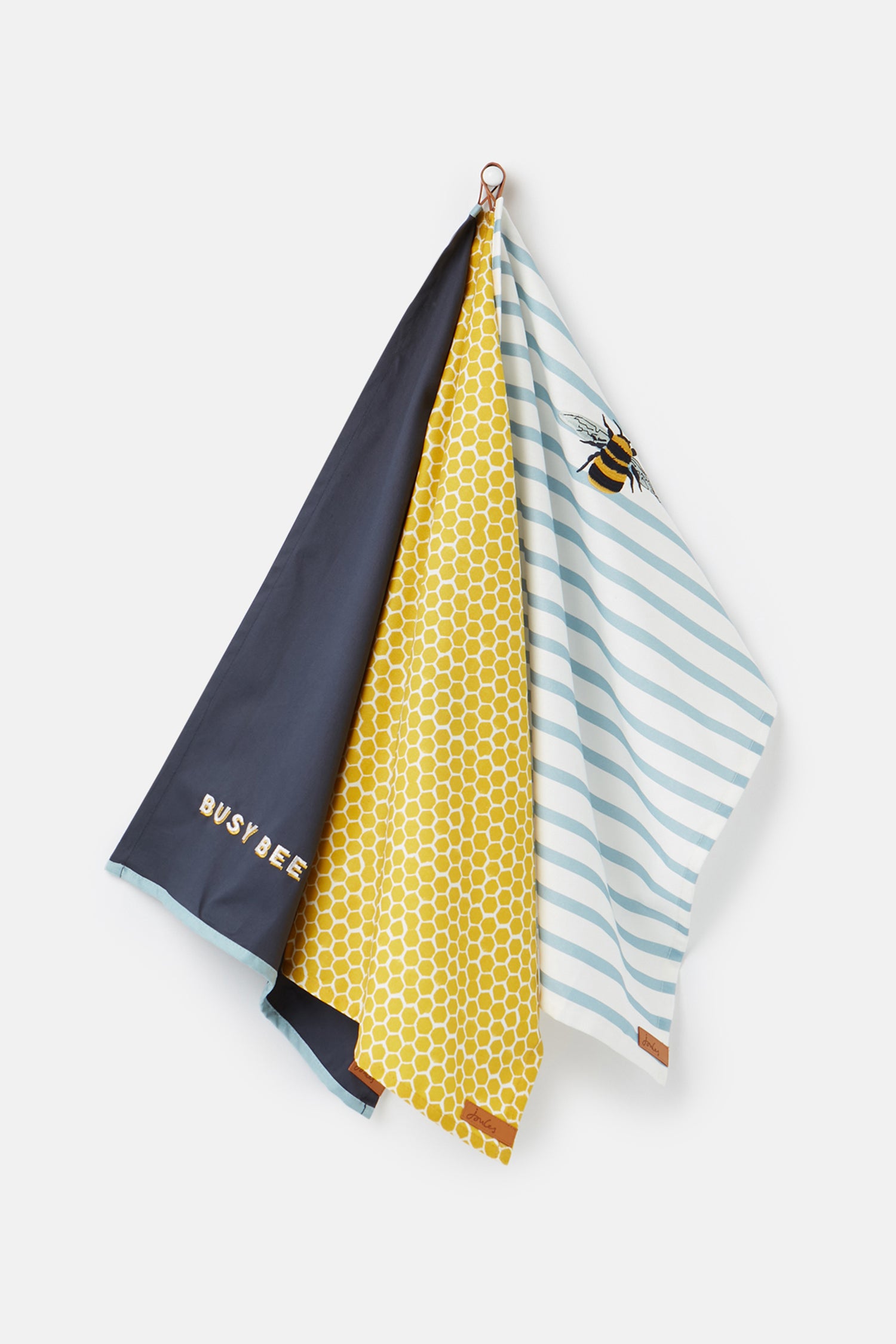 Joules Stripe &amp; Honeycomb Cotton Tea Towels Set of 3 Yellow/Blue