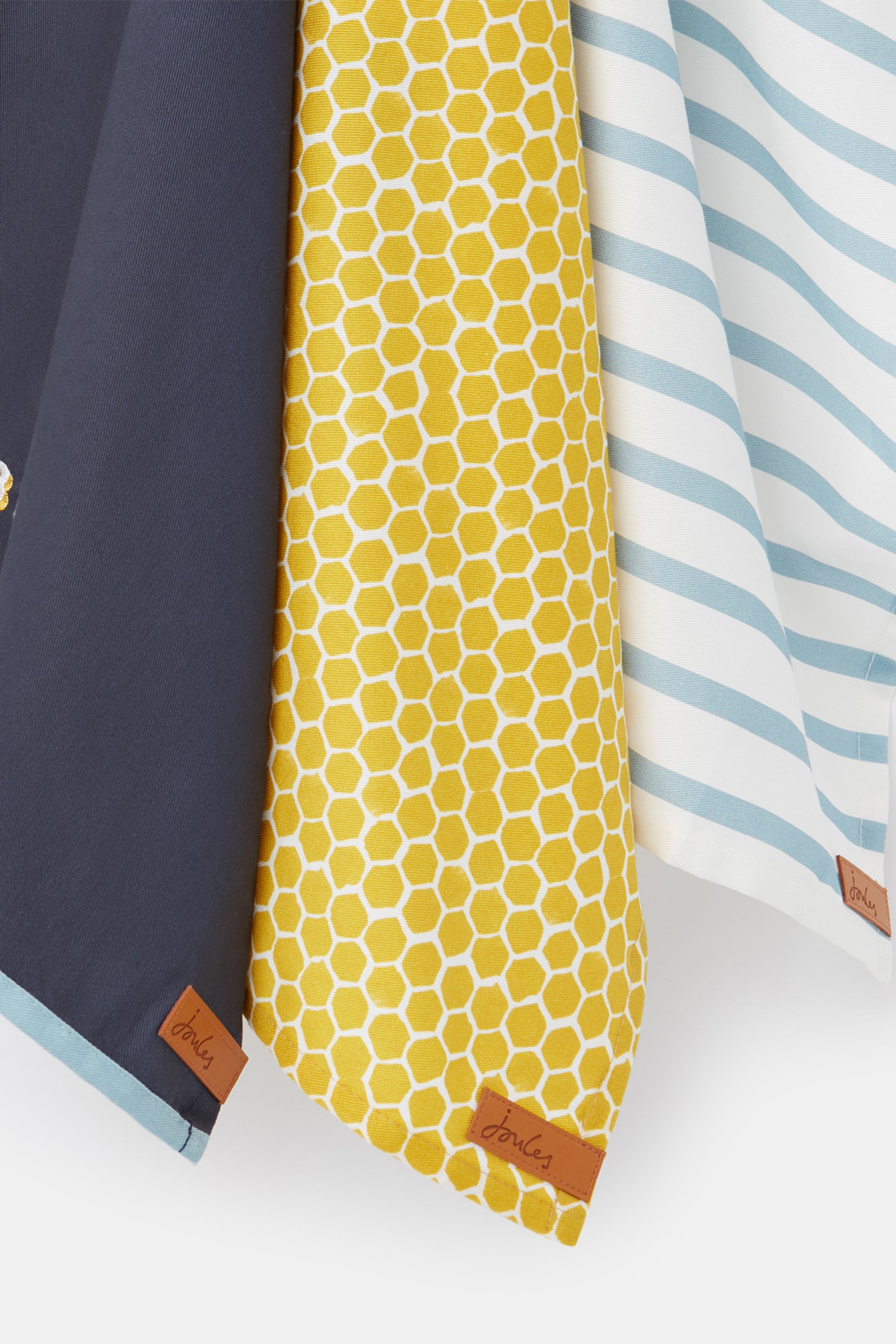 Joules Stripe &amp; Honeycomb Cotton Tea Towels Set of 3 Yellow/Blue