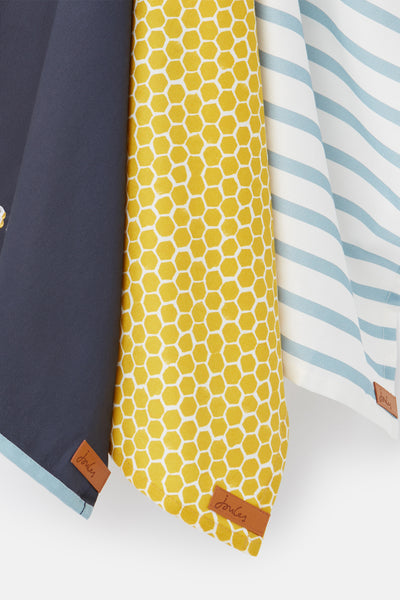 Joules Stripe & Honeycomb Cotton Tea Towels Set of 3 Yellow/Blue
