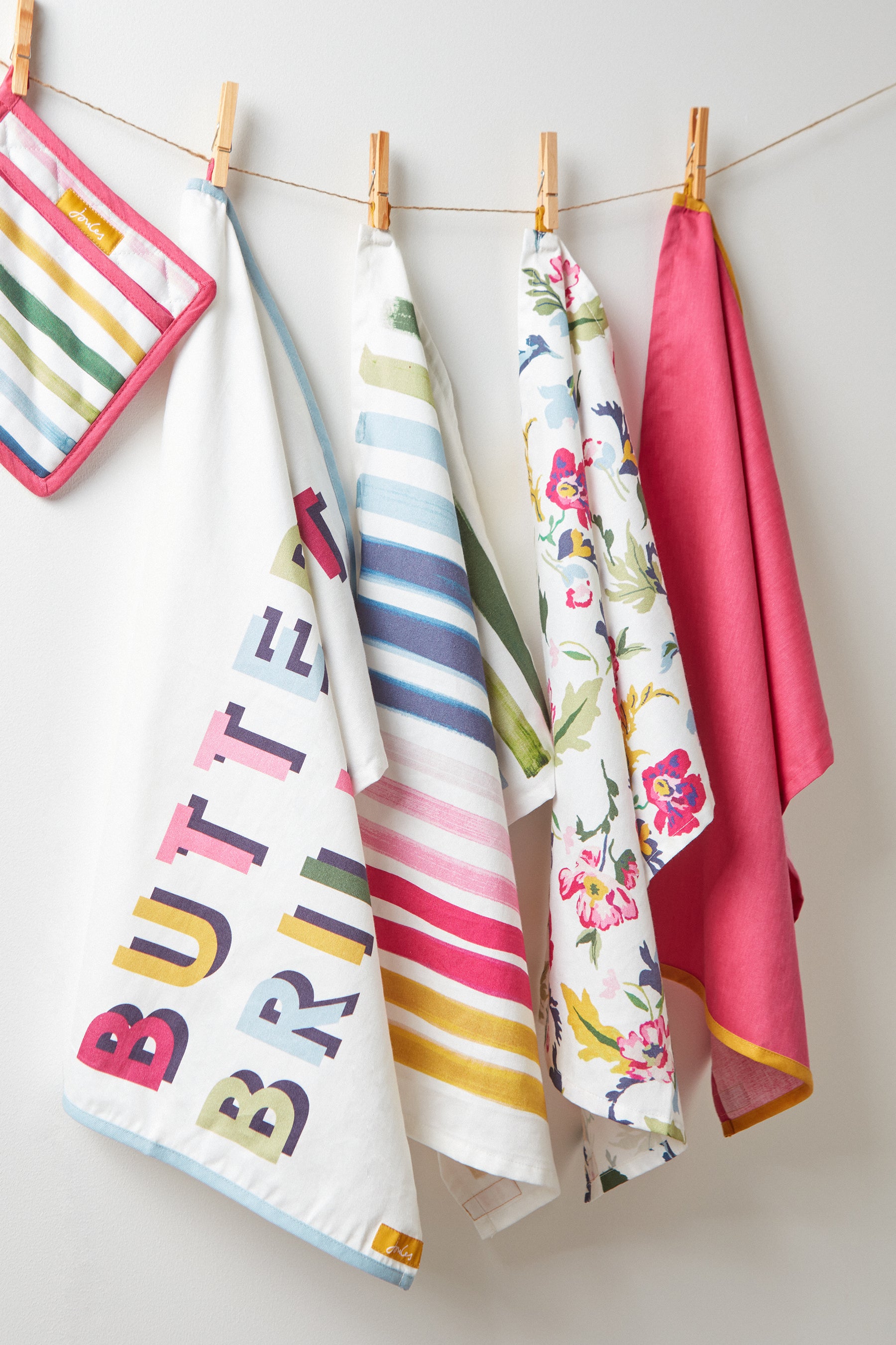 Joules Floral &amp; Striped Cotton Tea Towels, Set of 3, Pink/Multi