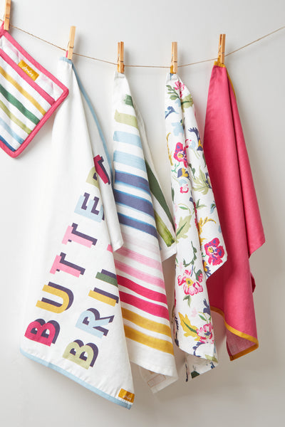 Joules Floral & Striped Cotton Tea Towels, Set of 3, Pink/Multi