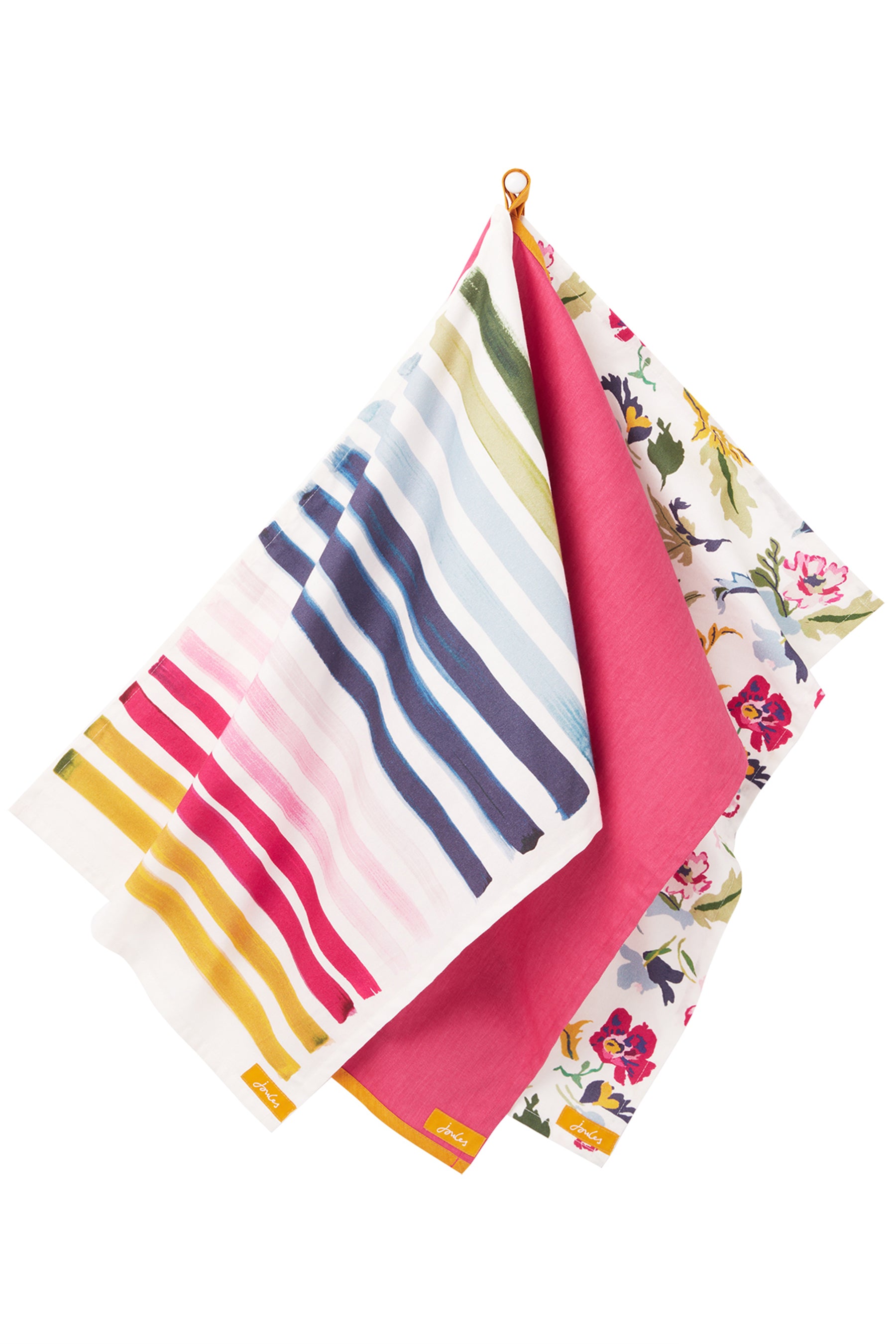 Joules Floral &amp; Striped Cotton Tea Towels, Set of 3, Pink/Multi