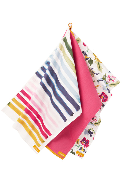 Joules Floral &amp; Striped Cotton Tea Towels, Set of 3, Pink/Multi