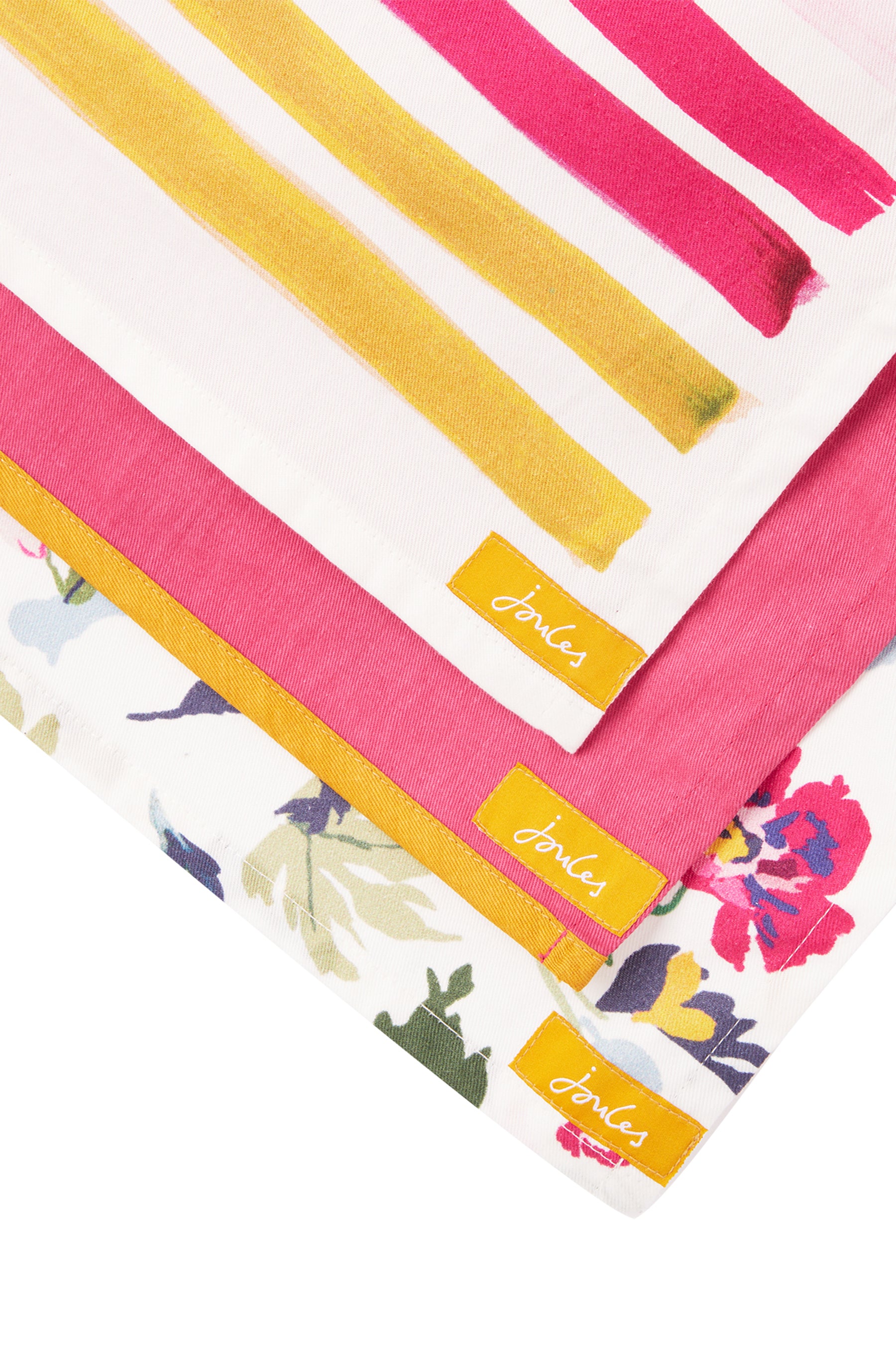Joules Floral &amp; Striped Cotton Tea Towels, Set of 3, Pink/Multi