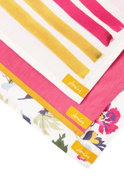 Joules Floral &amp; Striped Cotton Tea Towels, Set of 3, Pink/Multi