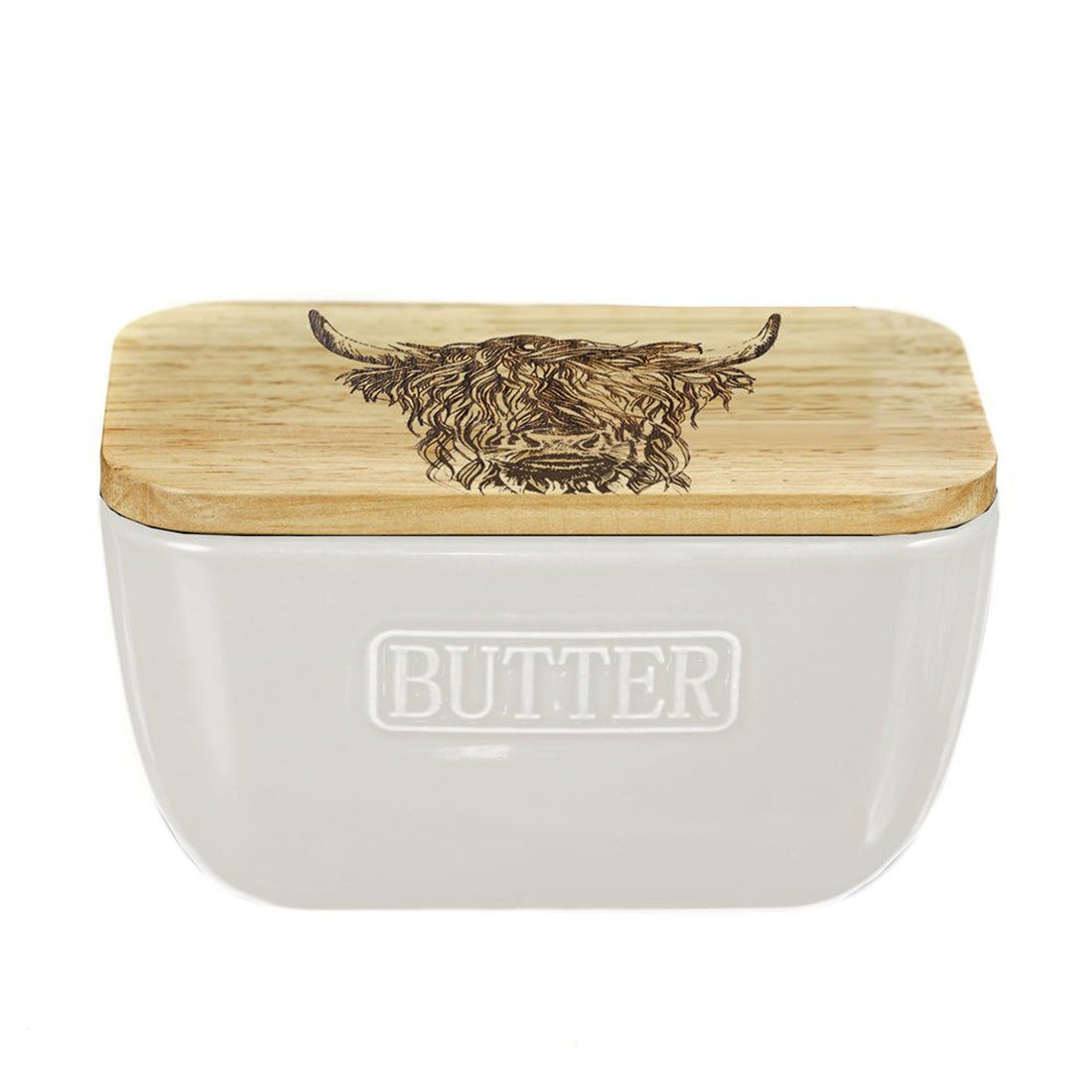 Selbrae House Highland Cow Oak and Ceramic Butter Dish - White