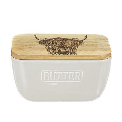 Just Slate Company Highland Cow Oak and Ceramic Butter Dish - White