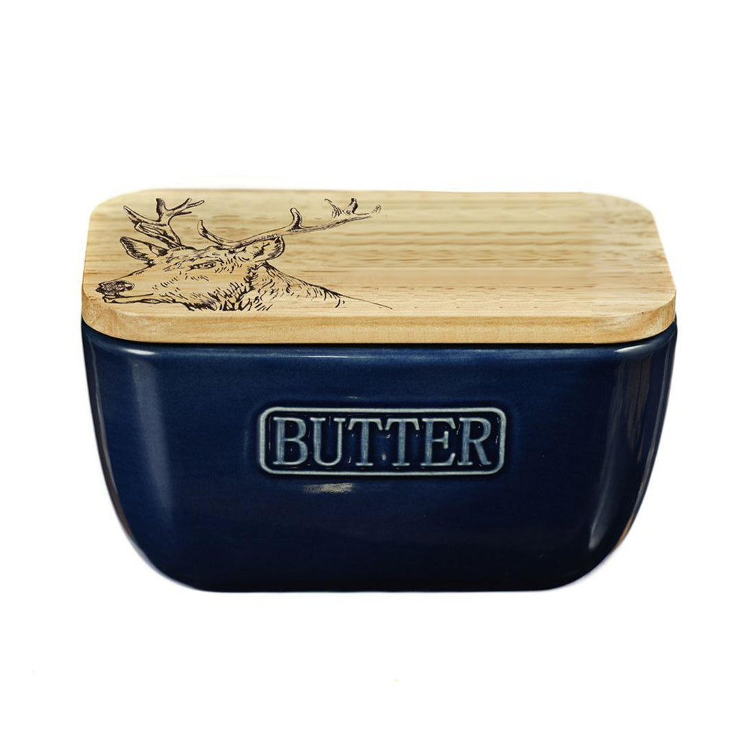 Selbrae House Stag Oak and Ceramic Butter Dish Blue