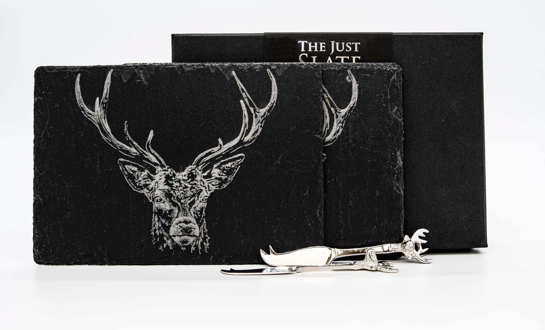 Selbrae House Stag Prince 2 Small Slate Cheese Board &amp; Knife Sets