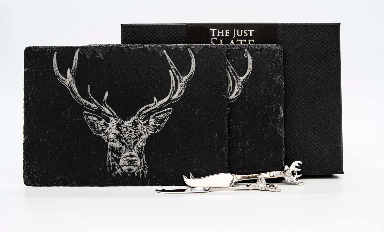 Selbrae House Stag Prince 2 Small Slate Cheese Board &amp; Knife Sets